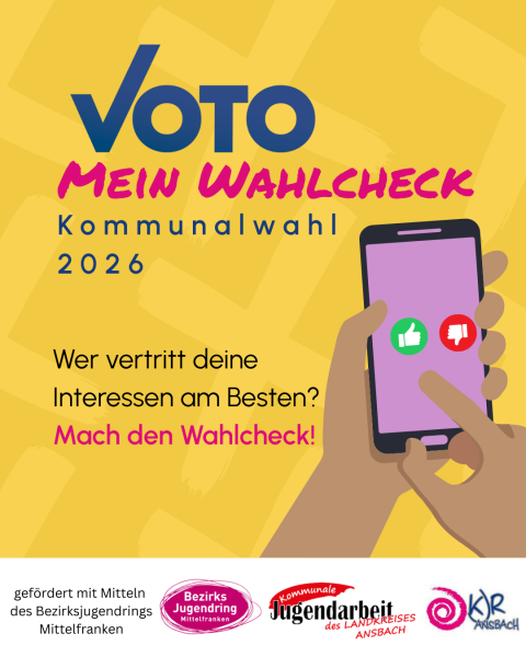 Grafik zeigt Hände welche ein Handy halten mit der Überschrift Voto- mein Wahlcheck, Kommunalwahl 2026