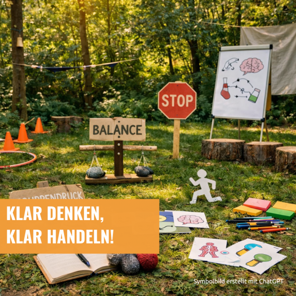 Materialien für ein erlebnisorientiertes Seminar zur Suchtprävention liegen im Freien und symbolisieren verschiedene Themen. Erstellt mit ChatGPT.